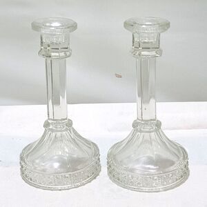 Vintage Pair of Clear Glass Taper Candlesticks – Eight-Sided with Raised Beaded